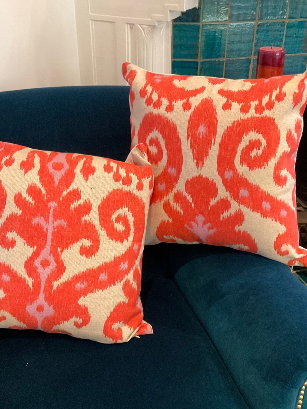 Pair of colorful unused damask pillow covers, back is plain linen like fabric